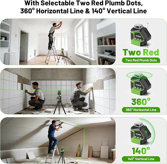 Laser Level with Tripod 60 Inch, Huepar Self Leveling Laser Level with 2 Plumb Dots -Green Cross Line Laser Leveler Tool with 360° Horizontal and 140° Vertical Line for Construction & Home Use 621CGT