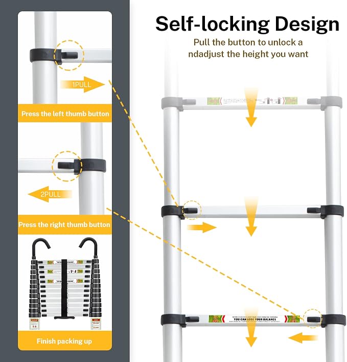 RIKADE Telescopic Ladder, 12.5 ft Aluminum Telescoping Ladder with Non-Slip Feet and Stable Hook, Portable Extension Ladder for Household and Outdoor Working, Max Load 330 lb, Aluminum