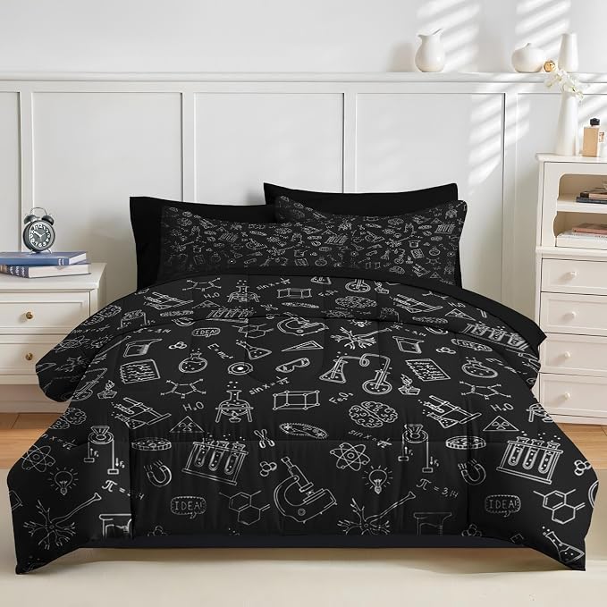Nesker Comforter Set King Size, Science Lab School 7 Pcs Bedding for Kids and Adults, Medical University Chemistry Bed Sheet Sets with Fitted Sheet 2 Pillowcases & 2 Shams