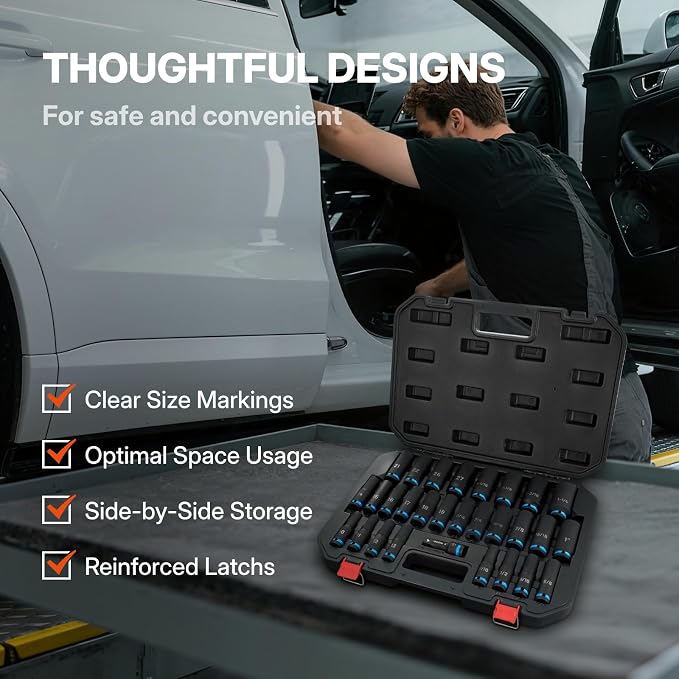 BLACK CANYON 29-Piece 1/2" Drive Deep Impact Socket Set, SAE & Metric 6-Point Sockets, Cr-Mo Impact Grade Steel, Includes 3" Extension Bar, Storage Case for Auto, Truck & Industrial Repair