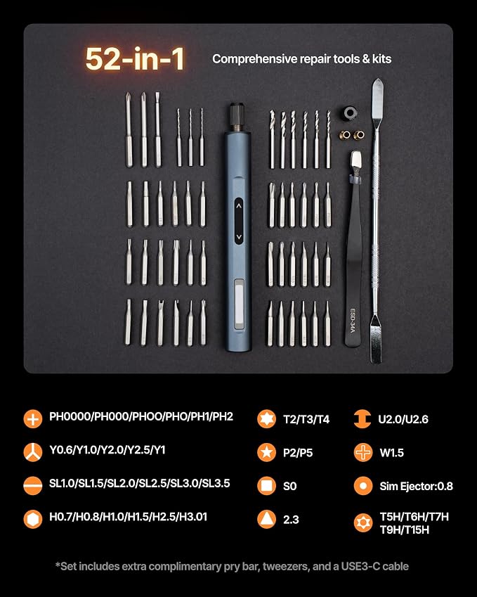 xTool Selected Mini Electric Screwdriver, 52-in-1 Precision Screwdriver Set Electric 400RPM 5 Torque Settings, 48 Drill Bits, Pry Bar, Led, Tweezers, Electric Precision Screwdriver Kit for Pc Building