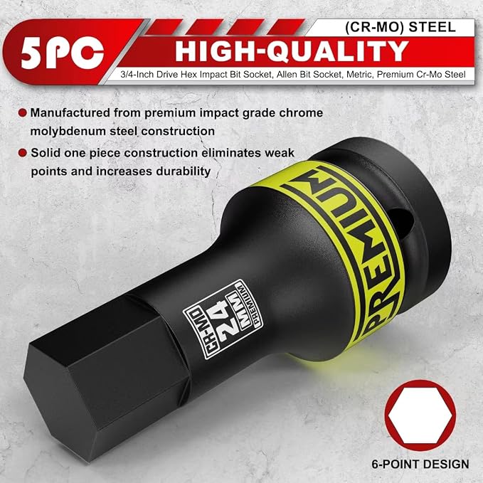 3/4" Drive Impact Hex Bit Socket Set, Metric,14mm, 17mm, 19mm, 22mm, 24mm, Impact Allen Bit Socket, Cr-Mo Steel, One-Piece Construction, 5-Pieces
