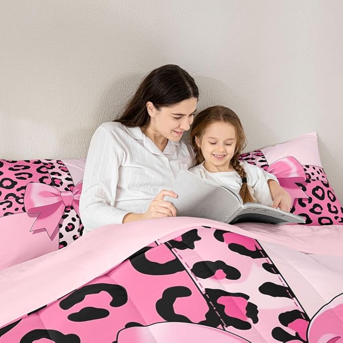 Feelyou Pink Leopard Print Comforter Set All Season Cheetah Bow Bedding Set with 2 Pillow Cases Animal Fur Microfiber Kids King Bedclothes Bedroom Decor Duvet Quilt Breathable Soft Lightweight
