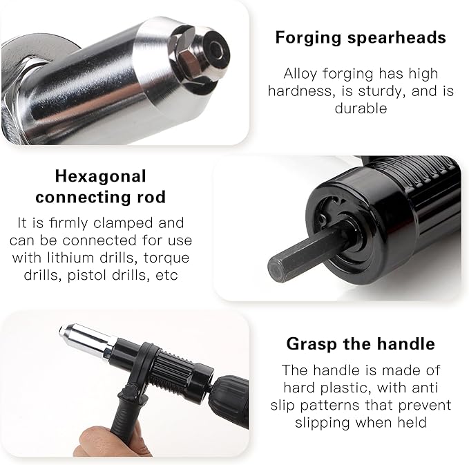 Pop Rivet Gun Adapter Kit, Rivet Drill Attachment with 4 Rivets Heads 2.4mm/3.2mm/4.0mm/4.8mm, Cordless Rivet Gun Power Drill Adaptor Kit, Cordless Electric Drill Riveter Insert Nut Tool