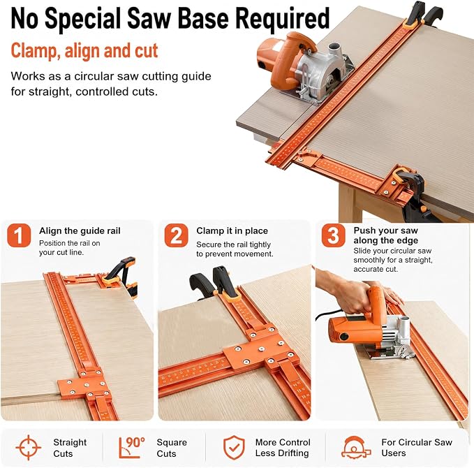 50-Inch Circular Saw Guide Rail Kit, Track Saw Guide for Straight & 90° Cross Cuts, No Special Saw Base Required, Aluminum Alloy Saw Guide Rail for Plywood, MDF and Cabinet Panels
