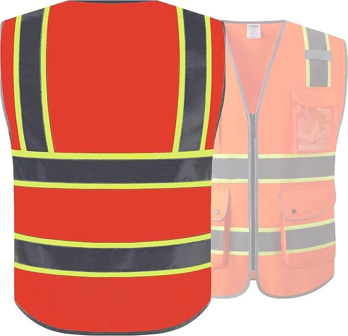 JKSafety 9 Pockets High Visibility Zipper Front Safety Vest | Orange with Dual Tone High Reflective Strips | Meets ANSI/ISEA Standards (901-Orange, Large)