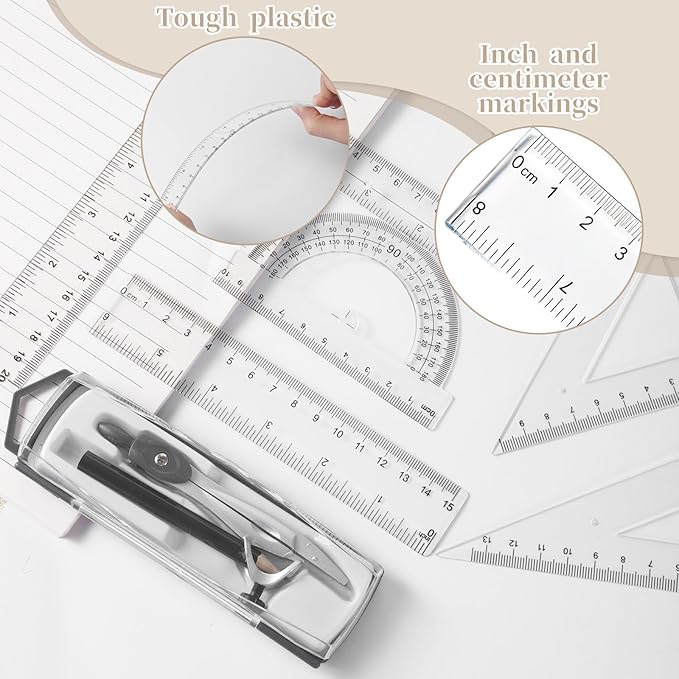1 Set Plastic Geometry Math Set, Measuring Tool Includes Clear Ruler 12 Inch 6 Inch 6 and 3.8 Inches Protractor 45/60 Degree Triangle Rulers Compass for Office Drawing Drafting Engineering