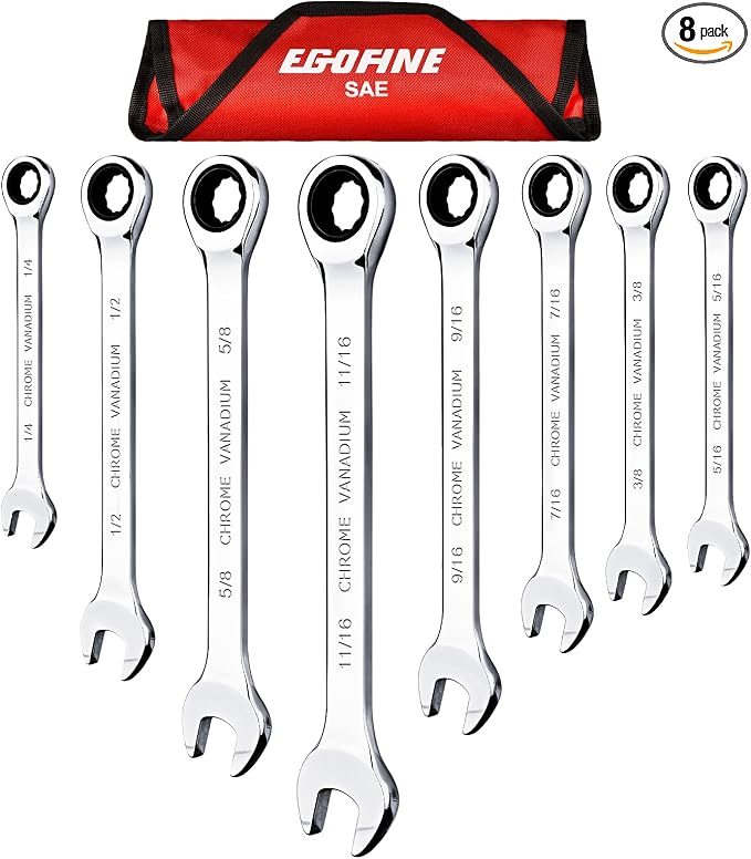 Egofine 8-Piece Ratcheting Wrench Set, Cr-V Steel SAE Wrench Set from 1/4" to 11/16", 72 Teeth Ratchet Wrench, 12 Point Open End & Box End Combination wrench set with Roll Up Pouch