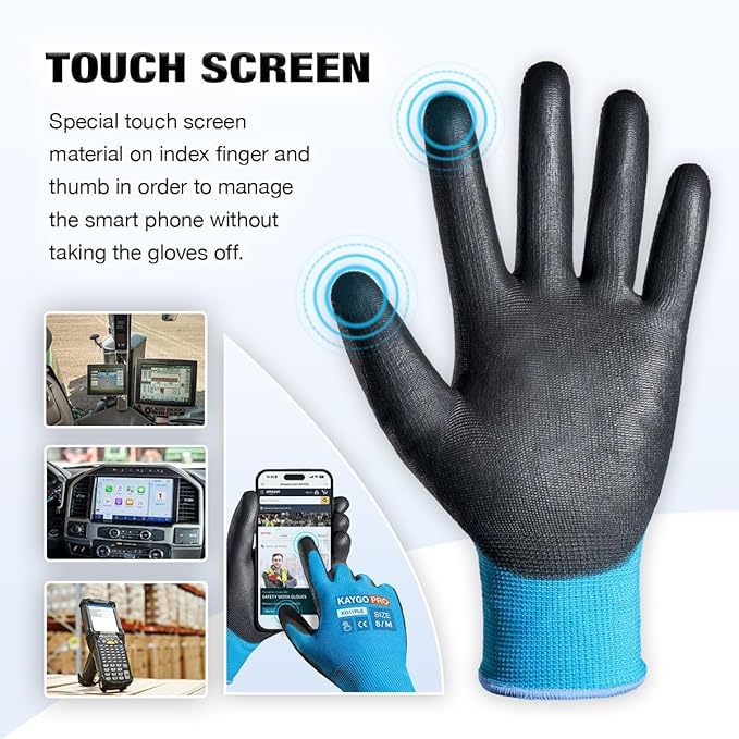 Work Gloves PU Coated for Men and Women, 12 Pairs Safety Work Gloves with Two Fingers Touchscreen, Breathable and Lightweight,Ideal for Light Warehouse, Manufacturing, Gardening, KG12P (2XL, Blue)