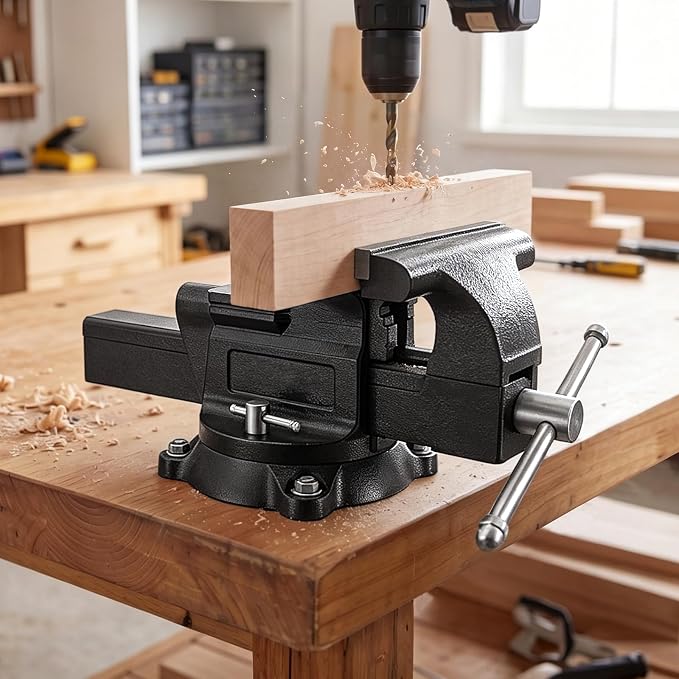 VEVOR Heavy Duty Bench Vise, 10" Jaw Width, Multi-Purpose Ductile Iron Bench Vise with Anvil and 360-Degree Locking Swivel Base, 4.3" Throat Depth, 10" Max Jaw Opening, for Drilling, Pipe Cutting
