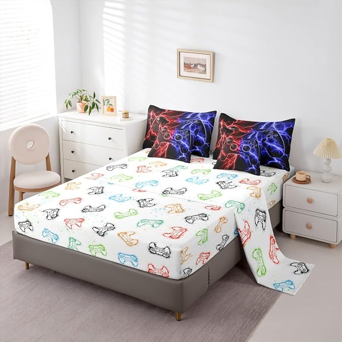 Erosebridal Gaming 7-Piece Comforter Set Full Bed in a Bag, Gamer Bedding Sets Video Game Consoles Comforter and Sheet Set, Red Blue Lightning Room Decor,Gaming Decor for Boys Bedroom