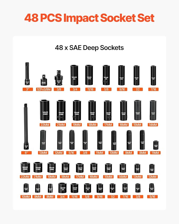 VEVOR Impact Socket Set, 3/8" Drive, 48-Piece Socket Set, 6-Point Sockets, SAE 5/16"-3/4" and Metric 8-19 mm, 21-22 mm, Easy to Identify, Cr-V Alloy Steel, Extension Bar, Adapter and Storage Cage | SAE (5/16" to 3/4") & Metric (8-22 mm), 6 Point, CR-V,...