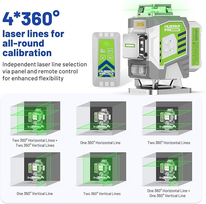 Huepar Pro Laser Level 360 Self Leveling, 4x360° Green Cross Line Laser Tool with Remote Control & Rechargeable Battery, High Accuracy 4D Laser for Construction, Magnetic Bracket -ZK04CG