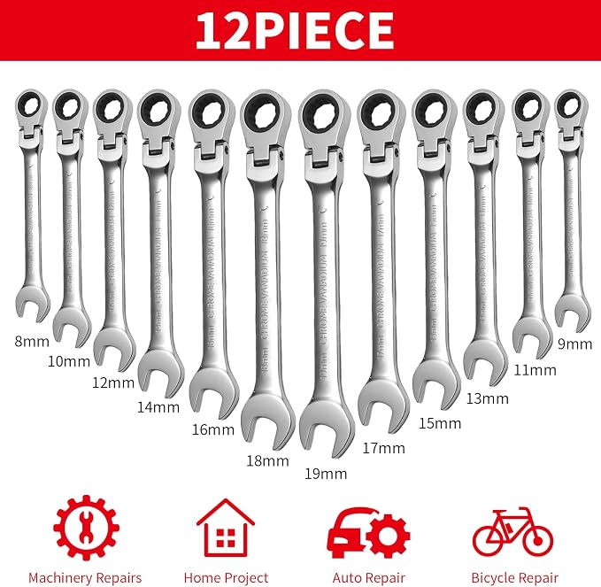 WISEUP 12Pcs Ratchet Wrench, CR-V Chrome-vanadium Steel 8-19mm Wrench | 180 ° Adjustable Combination Wrenches, Double-end Ratchet Wrench, Anti-slip Rust-proof, Labor-saving Tools