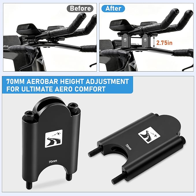 Aerobar Riser Kit Compatible with Profile Design Aero Bars, 70mm Height Adjustment for More Comfortable Aero Position, 31.8mm Clamp Fits Sonic Ergo, Supersonic, T+, J Series & Subsonic