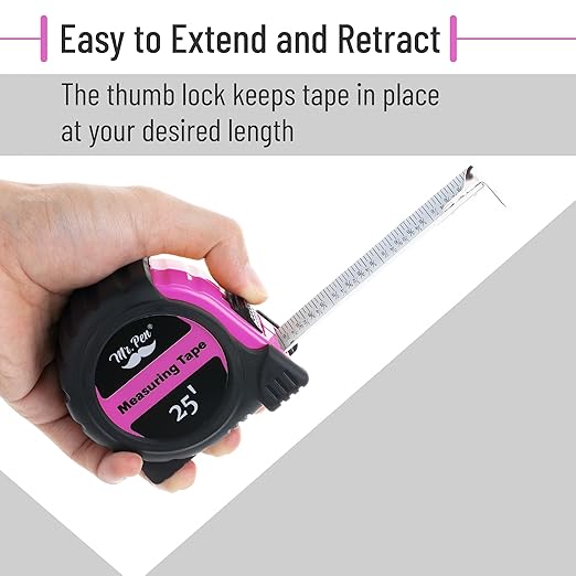 Mr. Pen- Retractable Tape Measure 25 ft, Pink, Easy Read, Steel Retractable Measuring Tape with Fractions, Ideal for Construction & DIY Projects