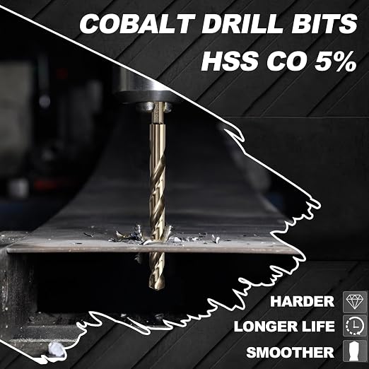3/8 Cobalt Drill Bit for Metal and Hard Steel (5Pcs), Hex Shank Quick Change M35 HSS Twist Impact Drill Bit Set, with Storage Case