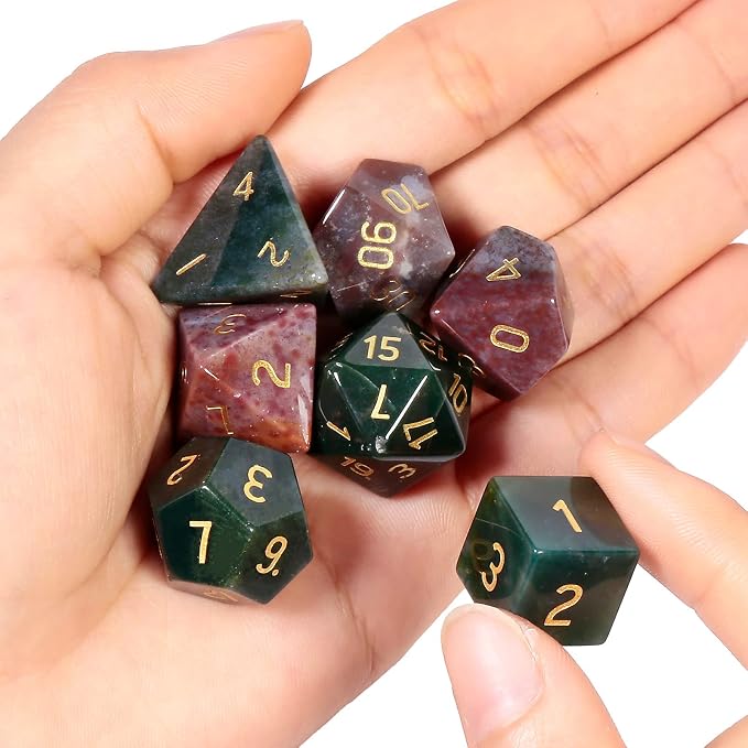 mookaitedecor 7 PCS Indian Agate Crystal Polyhedral DND Dice Set, Polished Tumbled Stones Dices for RPG MTG Table Games Home Decoration