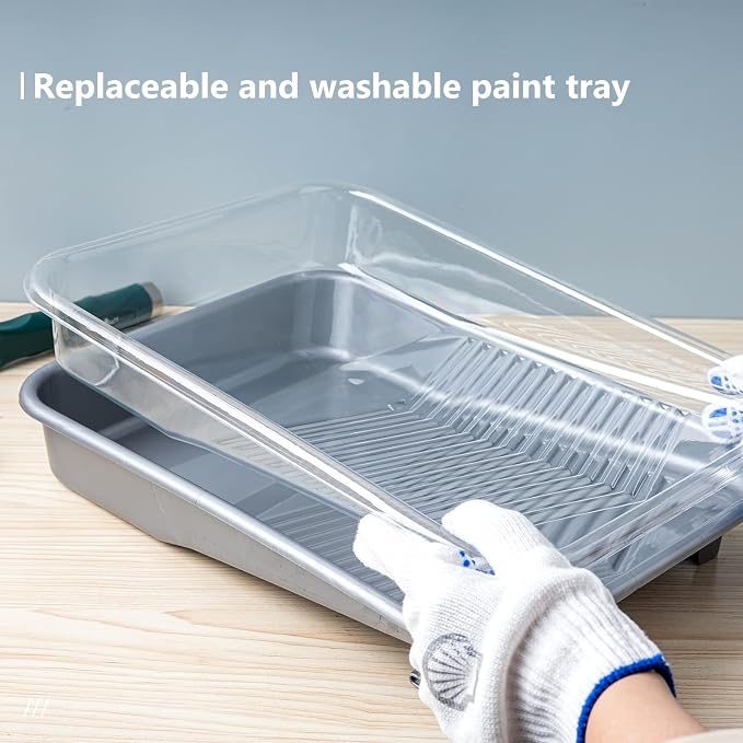 Mister Rui 12 Pack 9 Inch Disposable Paint Tray with Liner and 5 Wire Roller Frame, Plastic Washable and Reusable, Textured Deep Capacity Paint Tray