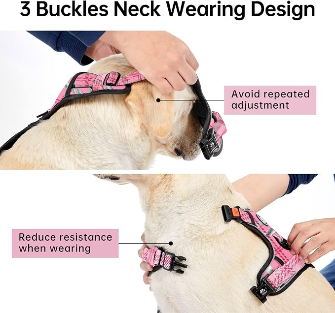 IVY&LANE No Pull Dog Harness with Leash Set, Reflective No Choke Pet Vest,Adjustable Oxford Dog Vest Harness with Easy Control Handle for Large Dogs (Checkered Pink,XL)