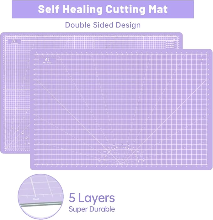 Headley Tools Rotary Cutter Set - 45mm Fabric Cutter, 5 Extra Rotary Blades, A1 Cutting Mat, Quilting Ruler and Sewing Clips, Craft Knife Set, Ideal for Crafting, Sewing, Patchworking, Purple