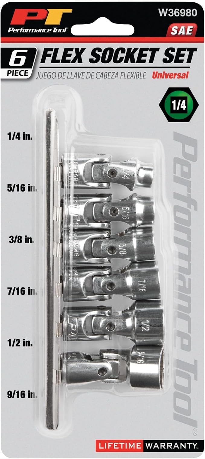 Performance Tool W36980 6-Piece 1/4 in. Drive SAE Flex Socket Set | Chrome vanadium steel. 6-point design reduces fastener rounding. Includes metal socket rail. Sizes 1/4 to 9/16 in