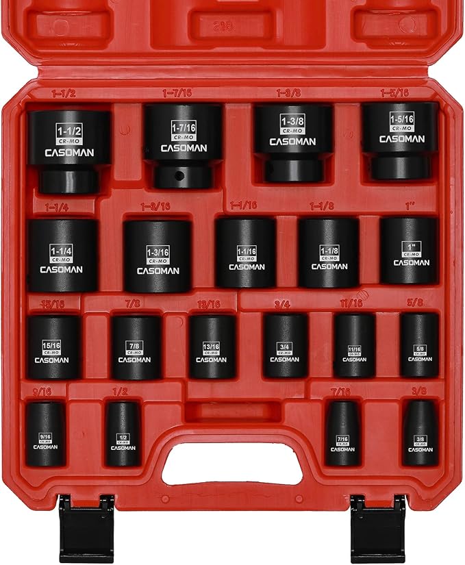 CASOMAN 19 Piece 1/2-Inch Drive Standard Impact Socket Set, SAE, Shallow, 3/8" to 1-1/2", Cr-Mo Alloy Steel, Radius Corner Design, Impact Grade