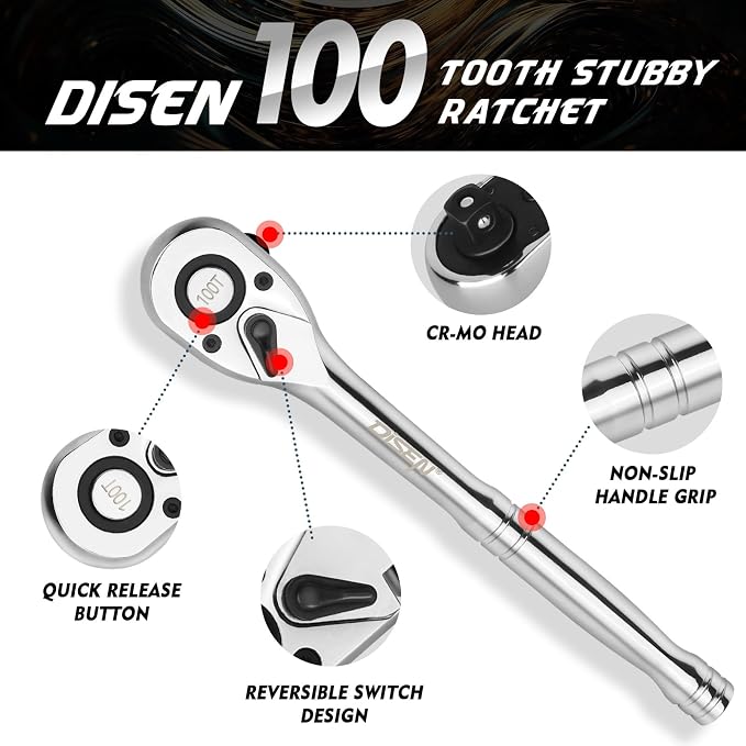 DISEN 3-Piece Standard Ratchet Set – 1/4", 3/8", 1/2" Drive with EVA Storage Tray | 100-Tooth Ratchet, Non-Slip Grip, Quick Release Button | Reversible Design with 3.6° Swing for Tight Spaces