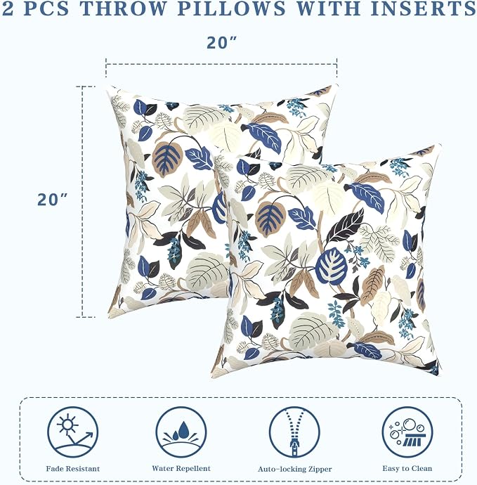 LVTXIII Outdoor Throw Pillows, Decorative Throw Pillows with Inserts, 20"x20" Square Pillows for Bed, Couch, Sofa and Patio Furniture, Set of 2, Breeze Leaves Beige