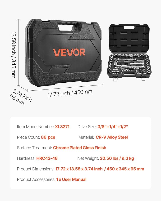 VEVOR Socket Set, 86 Pieces, 3/8 & 1/4 & 1/2 inch Drive Socket and Ratchet Set, SAE and Metric, Mechanic Tool Kit with Ratchet Wrench, Accessories and Storage Case, CR-V Alloy Steel, for Auto Repair | Deep and Shallow, Mechanics Tool Set with Ratchet W...