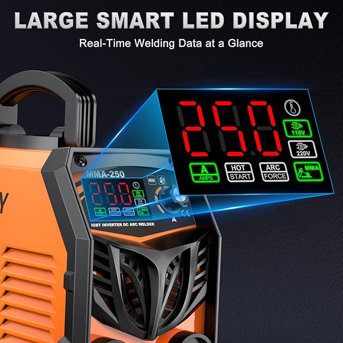SOARFLY Stick Welder, 250Amp ARC Welding Machine with Large LED Display, Dual Voltage 110V/220V IGBT Inverter Portable Welder w/10 Rods, Ground Clamp, Electrode Clamp, Hot Start, Arc Force, Anti-Stick