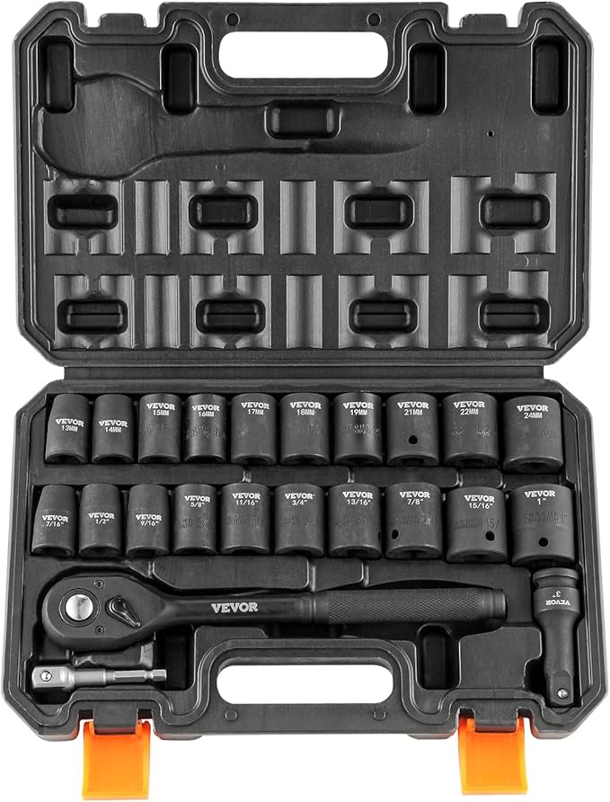 VEVOR 1/2" Drive Impact Socket Set, 23 Piece Socket Set SAE （7/16" -1"）& Metric （13-24mm）6 Point Cr-V Alloy Steel for Auto Repair with Ratchet Handle Rugged Construction Storage Case