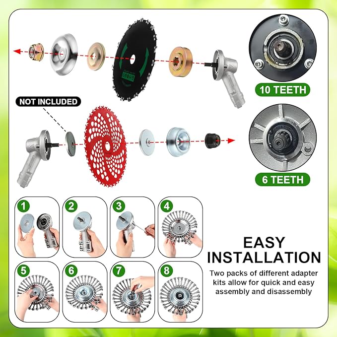 Duraaamo 7 Pcs Brush Cutter Kit Include 9" x 36T Carbide Tipped Blades, 9" x 20T, 10" x 3T and 10" x 80T Blades with Adapter Kit, 8 Inch Steel Wire Rotary Head and Trimmer Head Replacement