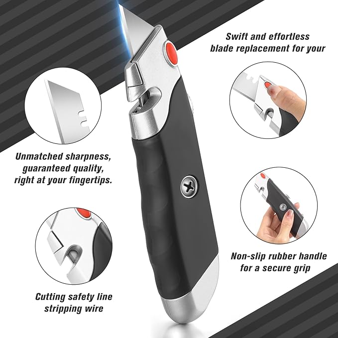 DIYSELF 10Pack Box Cutter, Rubber Handle Utility Knife, Box Cutter Retractable Heavy Duty, Box Cutters Knife for Boxes, cardboard, cartons, Razor Knife for Warehouse, Office, Shaop