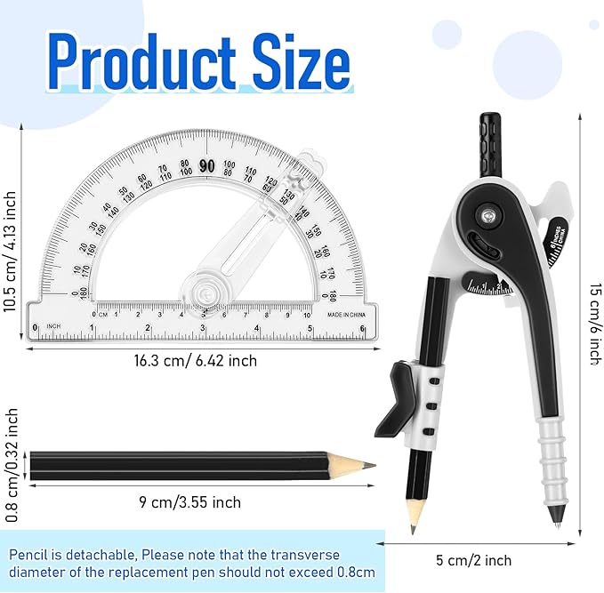 Zonon Student Protractor and Compass Set, Student Geometry Math Set Drawing Compass and 180 Degree 6 Inch Protractor with Swing Arm for Drawing Measuring School Office(Black)