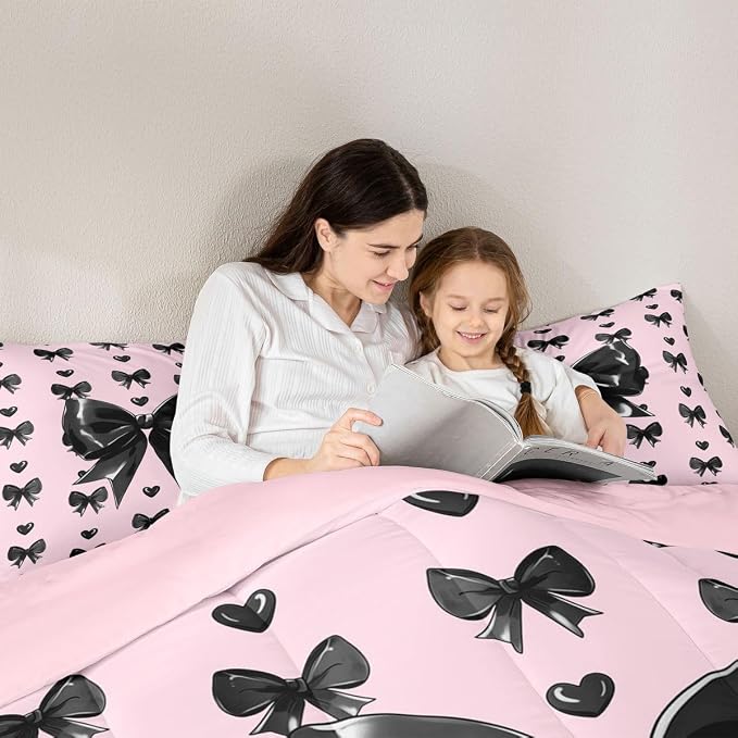 Feelyou Cute Pink Bow Comforter Set All Season Girly Bow Bedding Set with 2 Pillow Cases Love Hearts Bowknot Microfiber Kids Queen Bedclothes Bedroom Decor Duvet Quilt Breathable Soft Lightweight