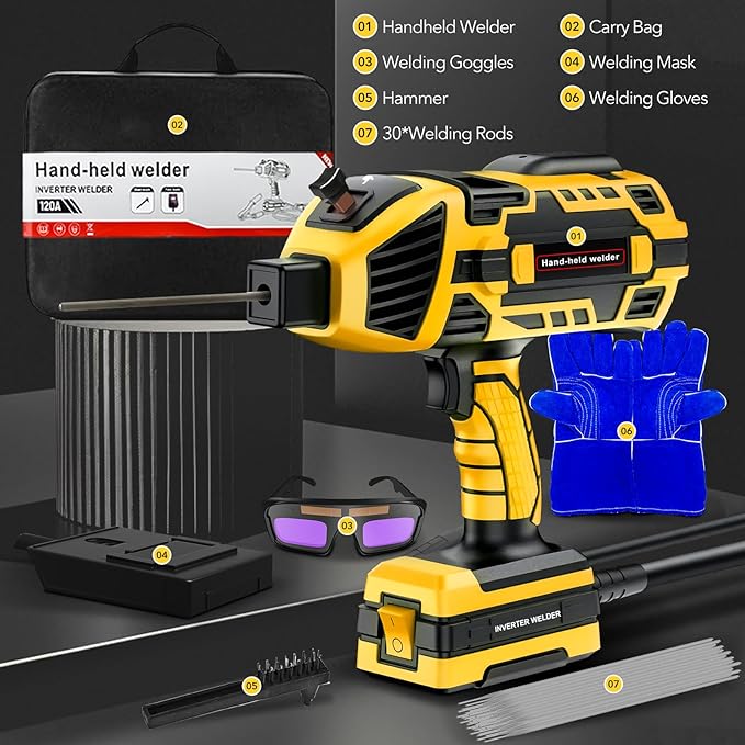 Portable Welding Machine, 110V Handheld Welder with 30PCS Rods & Auto Darkening Goggles, Electric ARC Welder Gun with IGBT Inverter 5 Variable Current Adjustment Fits for 3/32" Welding Rods