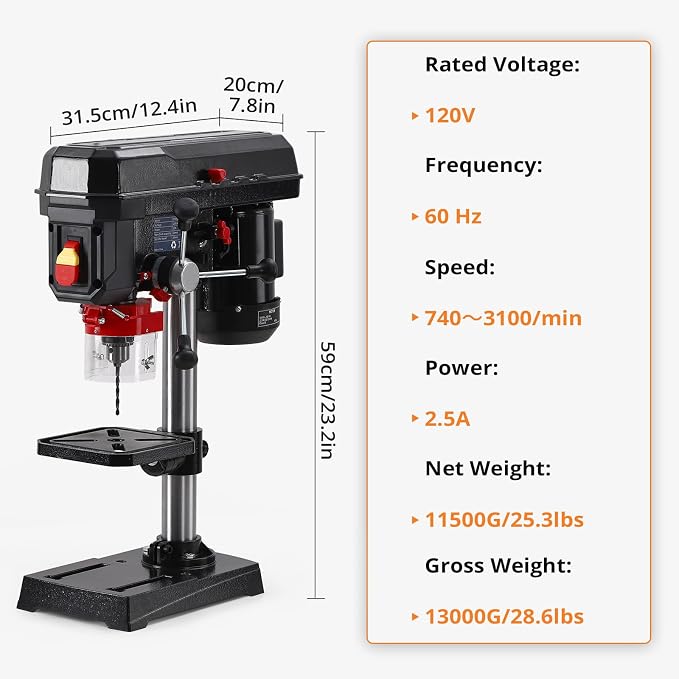 GarveeTech Benchtop Drill Press, 8 in 2.5Amp Bench Drill Press, 5Speed Variable, 0-45° Tiltling Worktable Bench Drilling Machine for Wood Metal