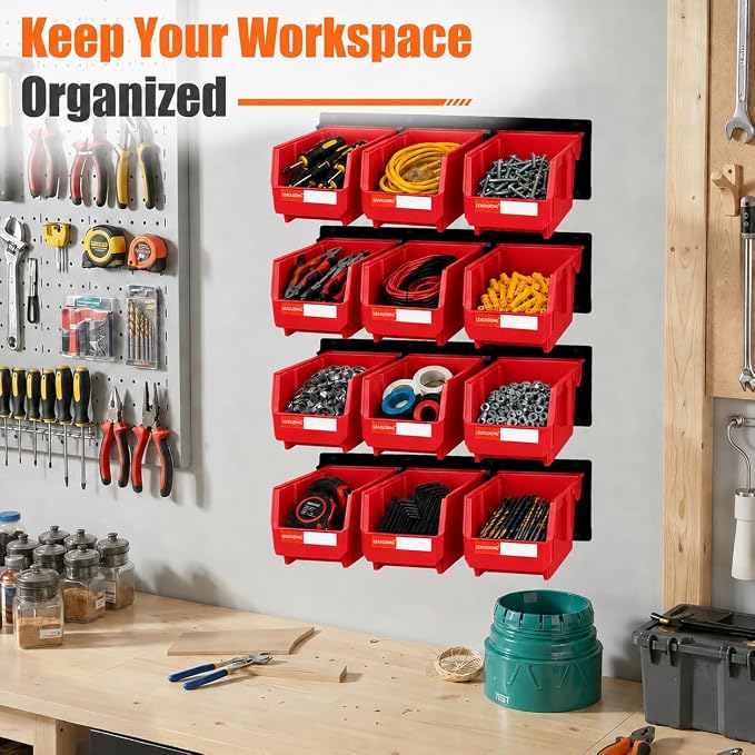 12pc Wall-Mounted Storage Organizer Set with Metal Rails Red | Heavy duty tool organization box with metal rails. Ext 7"x5"x4" for garage screws nuts bolts.