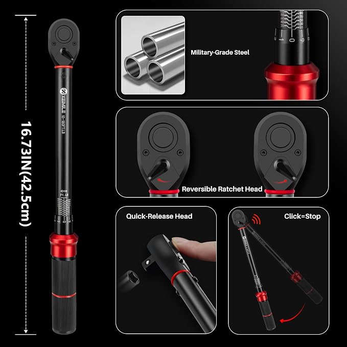 1/2-Inch Drive Click Torque Wrench-10-180 Ft-Lb for Car Motorcycle | Dual-Direction Adjustable 72T Torque Wrench( 13.6-244Nm),Dual Range Scales, High 3% Precision for Bike Auto Wheel Repair DIY