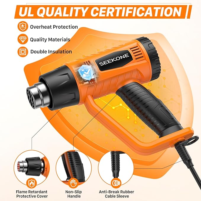 SEEKONE Heat Gun 1800W Heavy Duty Fast Heat Hot Air Gun Kit with 752℉&1112℉（400℃-600℃） Dual-Temperature Settings and 4 Nozzles with Overheat Protection for Crafts, Shrinking PVC, Stripping Paint