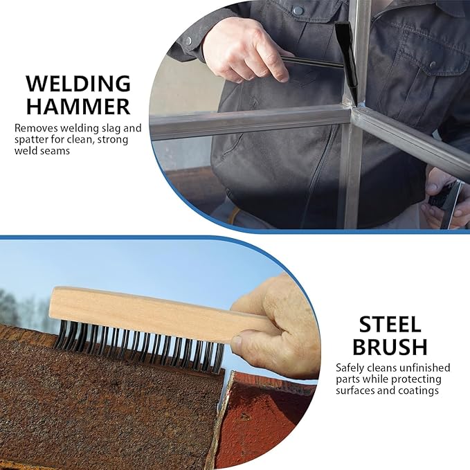 3 Pack Welding Chipping Hammer and Wire Brush Set – 1 Pcs 11" Hammer with Coil Spring Handle, Cone and Vertical Chisel and 2Pcs 9.8" Stainless Steel Brush for Slag, Spatter, Residue Removal
