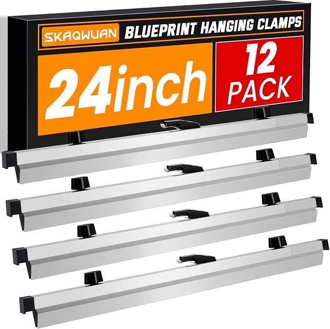 Blueprint Hanging Clamps 24 Inch, Pack of 12 Aluminum Adjustable Binding Strips with Wing Knob Nuts, Architectural Drawing Storage Organizer for Poster, Plans & Maps