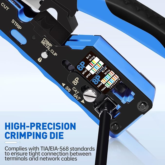 All-in-One Ethernet Crimping Tool Kit with Wire Stripper, 10xCAT7 RJ45 Pass Through Connector & 10xBoots, Storage Case Ideal for DIY/Network Installations