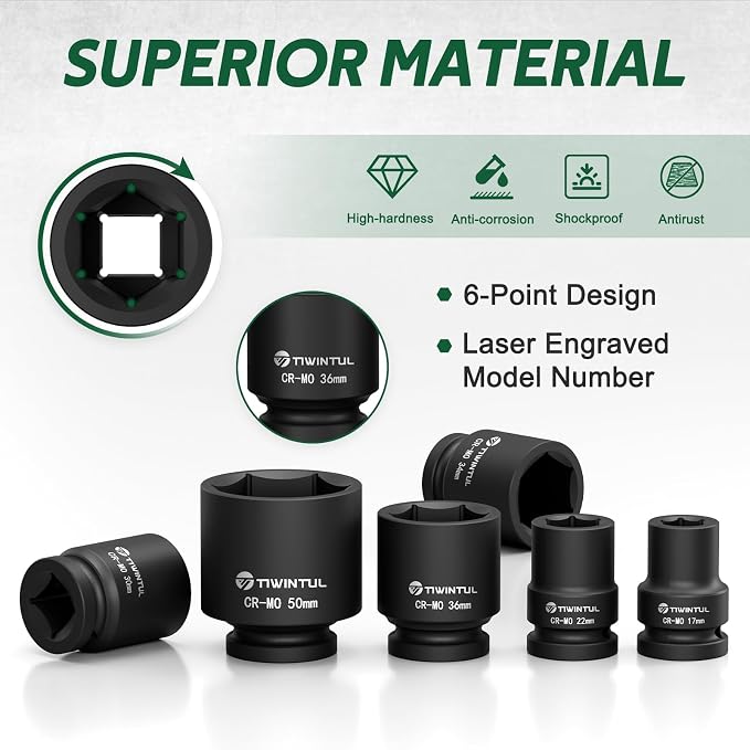 3/4 Inch Drive Impact Socket Set, 15 Piece, Metric, 17-55 mm | CR-MO, 6-Point, Heavy Duty, Storage Case, Easy-to-Read Size Markings, Rugged Construction for Large Vehicle, Truck, Trailer