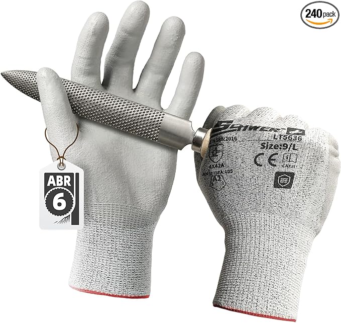 Schwer 240 Pairs Safety Work Gloves with Certified Level 6 Abrasion Resistance, ANSI A2 Cut Resistant Working Gloves with Grip for General Use, Construction, Gardening, Mechanic, 3D-Comfort, LT5636, M