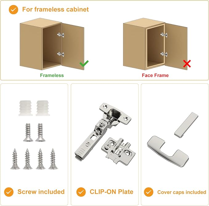Chibery 50 Pack Frameless Half Overlay Soft Close Concealed European Hinges, Self Closing Satin Nickel, 105 ° Open Angle 4D Adjustment, Speed Control, Clip On, Stainless Steel for Cabinet Door