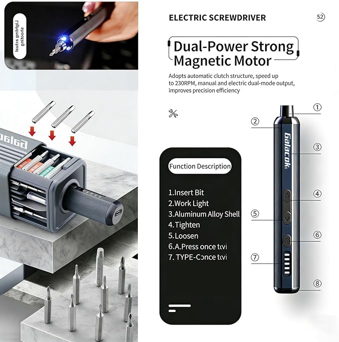Cordless Electric Screwdriver Set, Rechargeable Precision Screwdriver with LED Ring Light, Type-C Charging, Multi-Bit Kit for Home Repair and Electronics