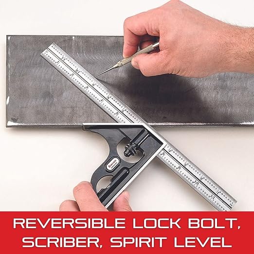 Starrett Steel Combination Square with Square Head - 12" Blade Length, Hardened Steel, Reversible Lock Bolt, Scriber, Spirit Level, 16R Graduation Type - C11H-12-16R