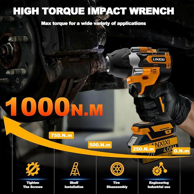 Cordless Impact Wrench 1000N.m (740Ft-Lbs) with 21V 2X4.0mAh Batteries | 1/2 Inch Impact Drive, Brushless Motor 0-3300PRM, 3-Mode Speed, 1/2" Impact Gun with 6 Socket for Home Car Pickup Truck RV